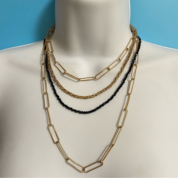 Gold Tone Paper Clip Multistrand Necklace Black Beads Layered - Picture 2 of 7